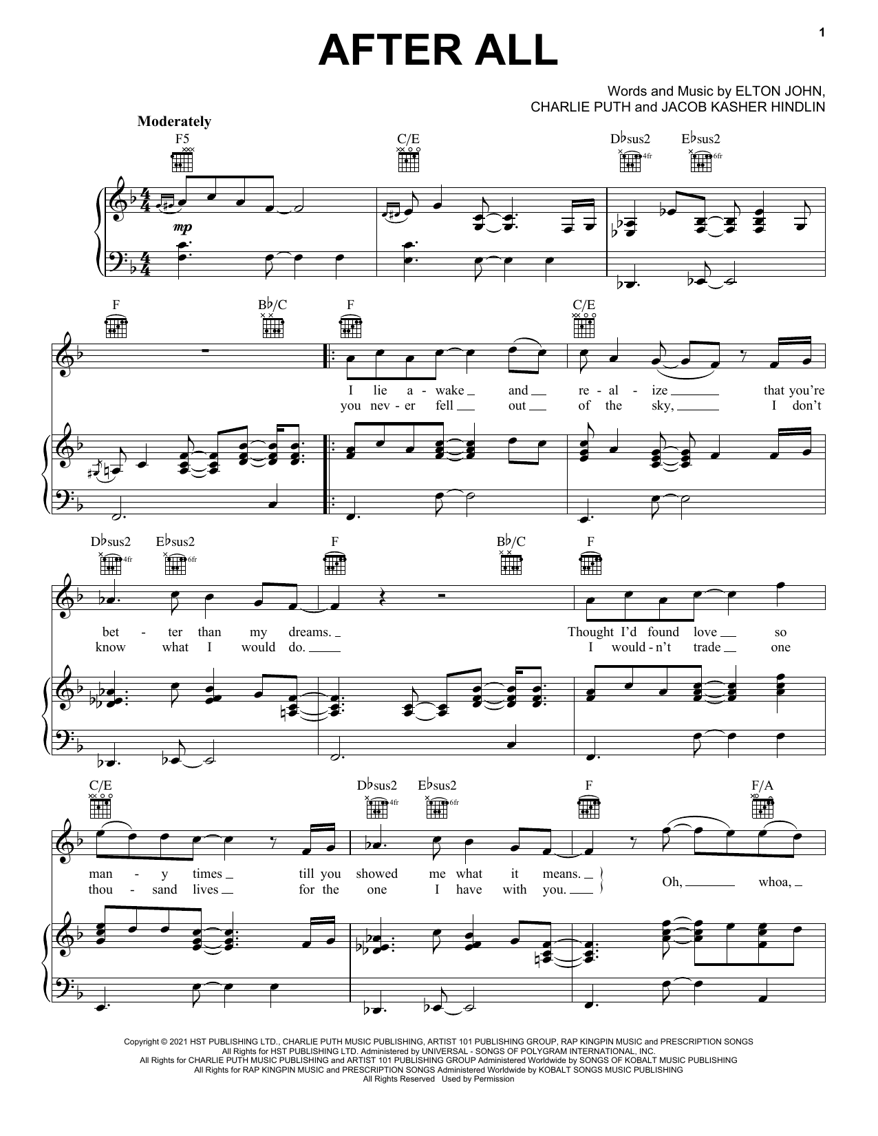 Elton John & Charlie Puth After All sheet music notes and chords arranged for Piano, Vocal & Guitar Chords (Right-Hand Melody)