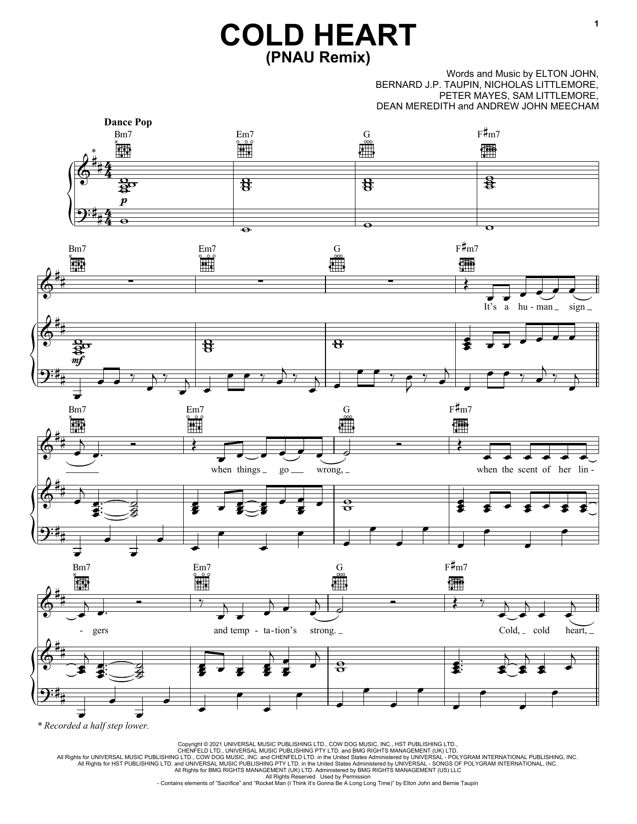 Elton John & Dua Lipa Cold Heart (PNAU Remix) sheet music notes and chords arranged for Piano, Vocal & Guitar Chords (Right-Hand Melody)