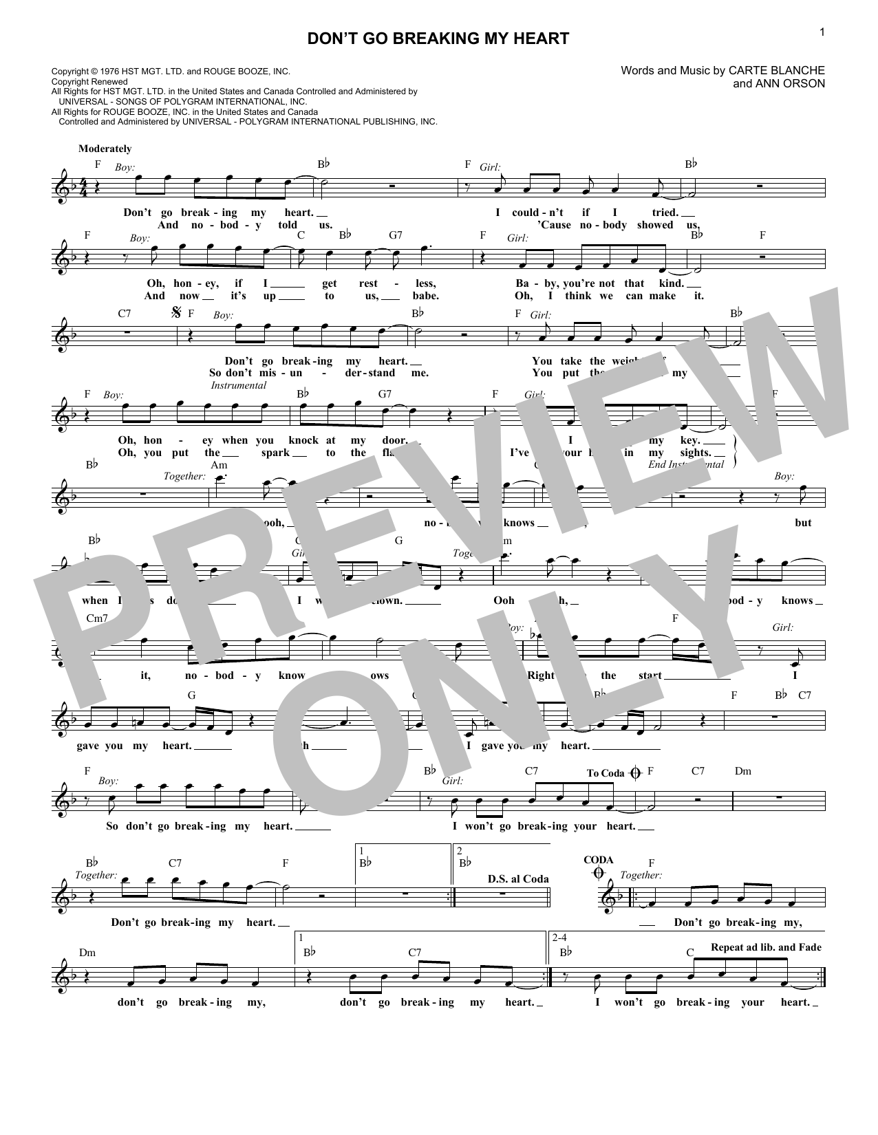 Elton John & Kiki Dee Don't Go Breaking My Heart sheet music notes and chords arranged for Lead Sheet / Fake Book