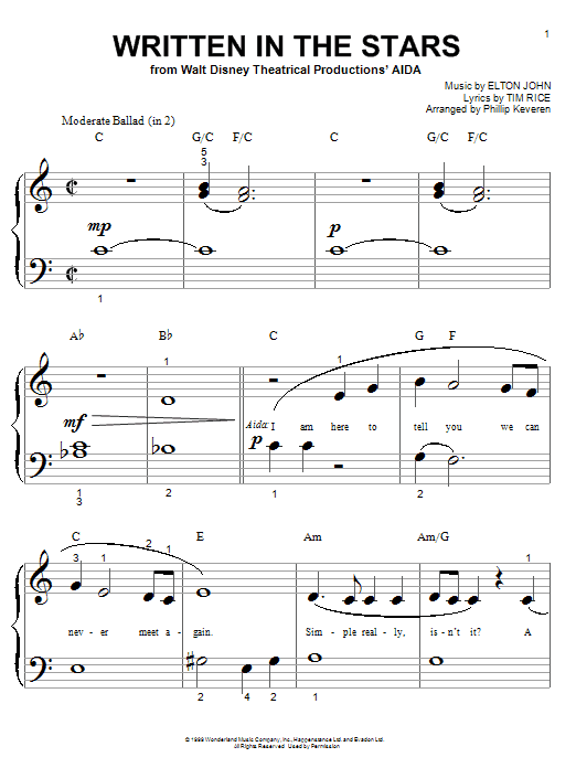 Elton John & LeAnn Rimes Written In The Stars (from Aida) (arr. Phillip Keveren) sheet music notes and chords arranged for Big Note Piano