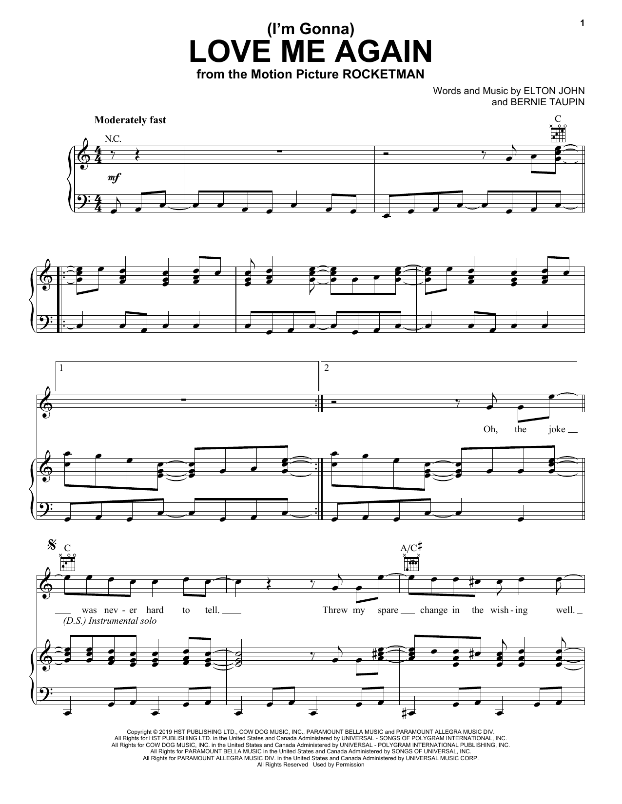 Elton John & Taron Egerton (I'm Gonna) Love Me Again (from Rocketman) sheet music notes and chords arranged for Piano, Vocal & Guitar Chords (Right-Hand Melody)