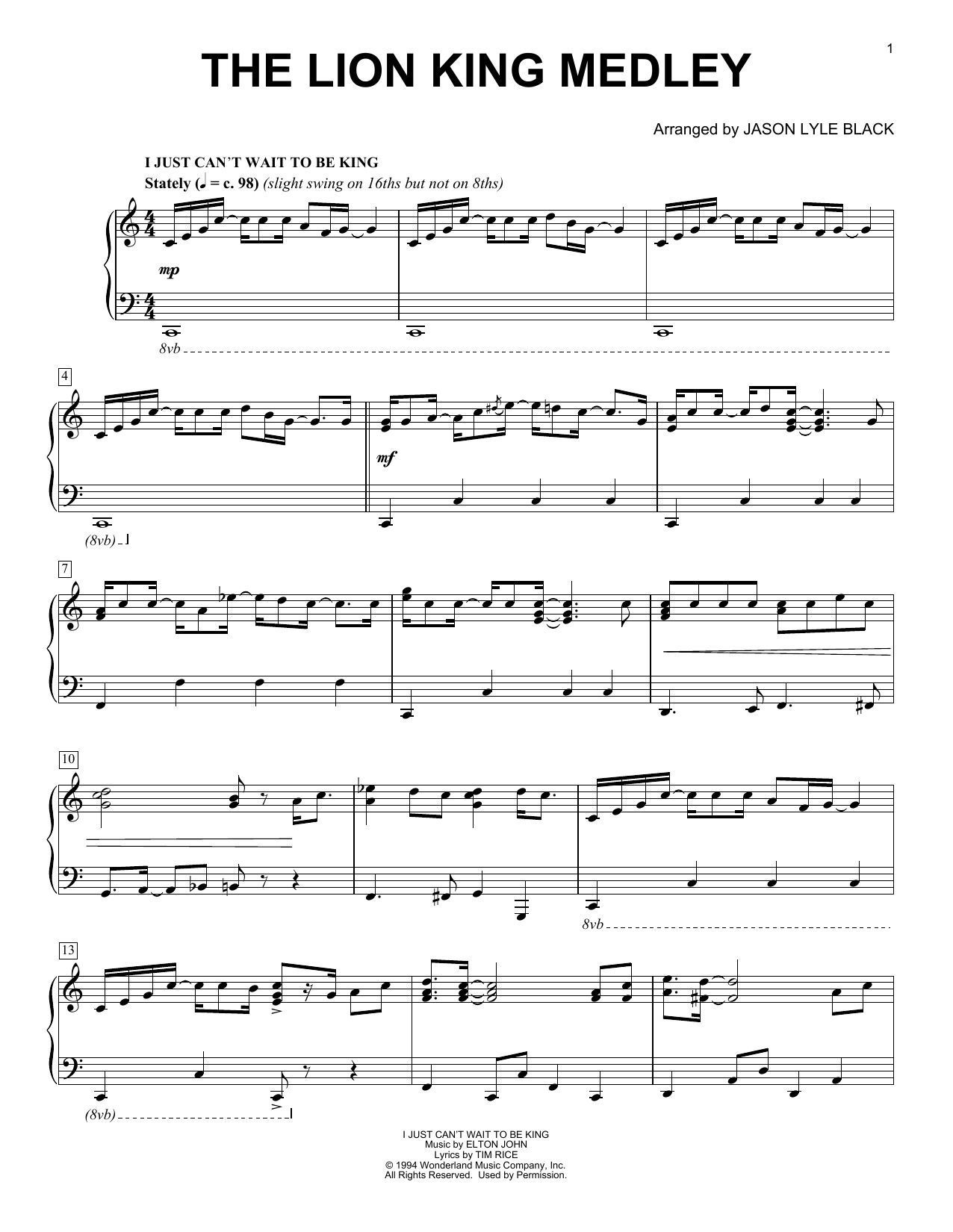 Elton John & Tim Rice Lion King Medley (arr. Jason Lyle Black) sheet music notes and chords arranged for Piano Solo