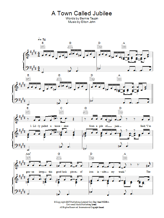 Elton John A Town Called Jubilee sheet music notes and chords arranged for Piano, Vocal & Guitar Chords