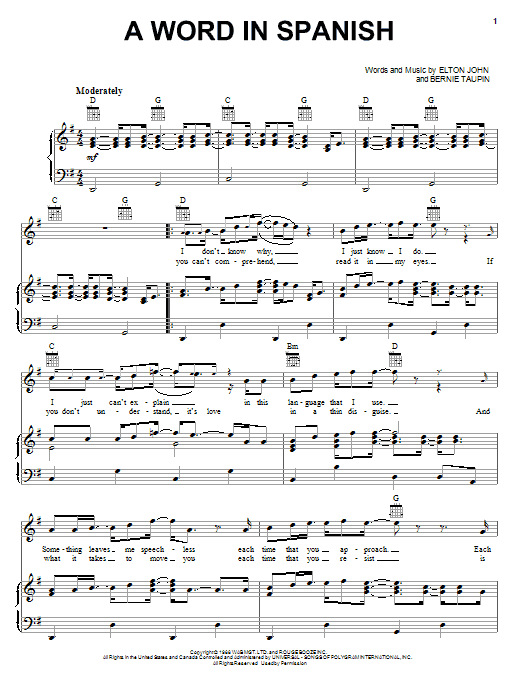 Elton John A Word In Spanish sheet music notes and chords arranged for Piano, Vocal & Guitar Chords (Right-Hand Melody)