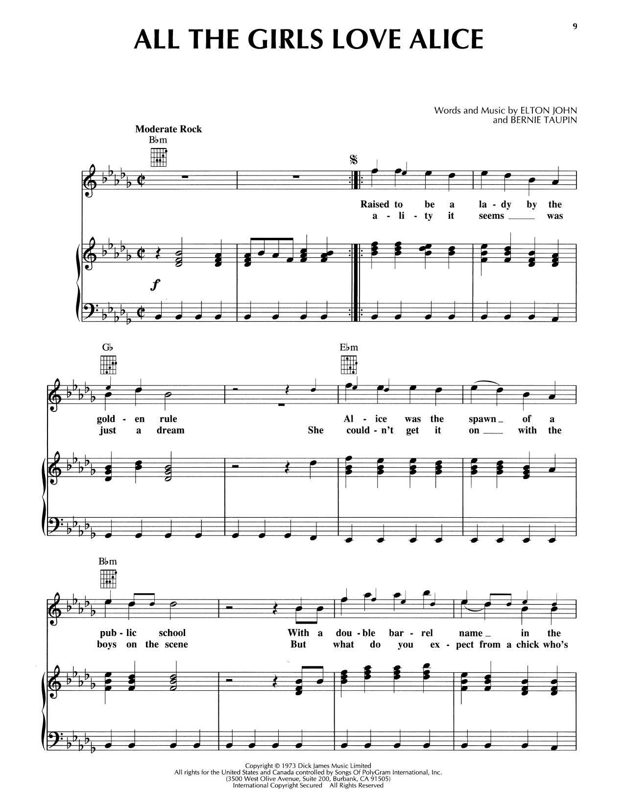 Elton John All The Girls Love Alice sheet music notes and chords arranged for Piano, Vocal & Guitar Chords (Right-Hand Melody)