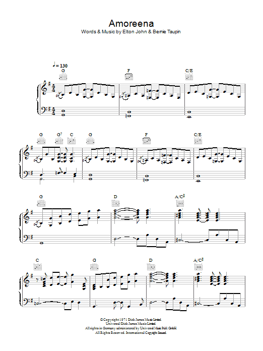 Elton John Amoreena sheet music notes and chords arranged for Piano, Vocal & Guitar Chords