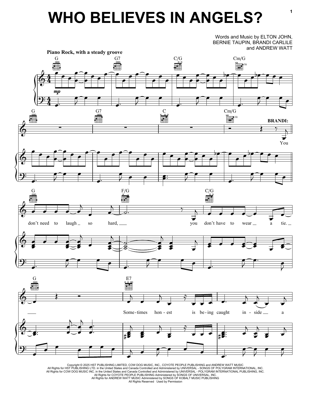 Elton John and Brandi Carlile Who Believes In Angels? sheet music notes and chords arranged for Piano, Vocal & Guitar Chords (Right-Hand Melody)