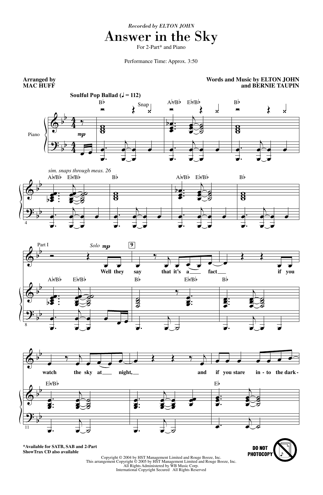 Elton John Answer In The Sky (arr. Mac Huff) sheet music notes and chords arranged for SAB Choir