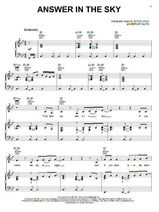 Elton John Answer In The Sky sheet music notes and chords arranged for Lead Sheet / Fake Book