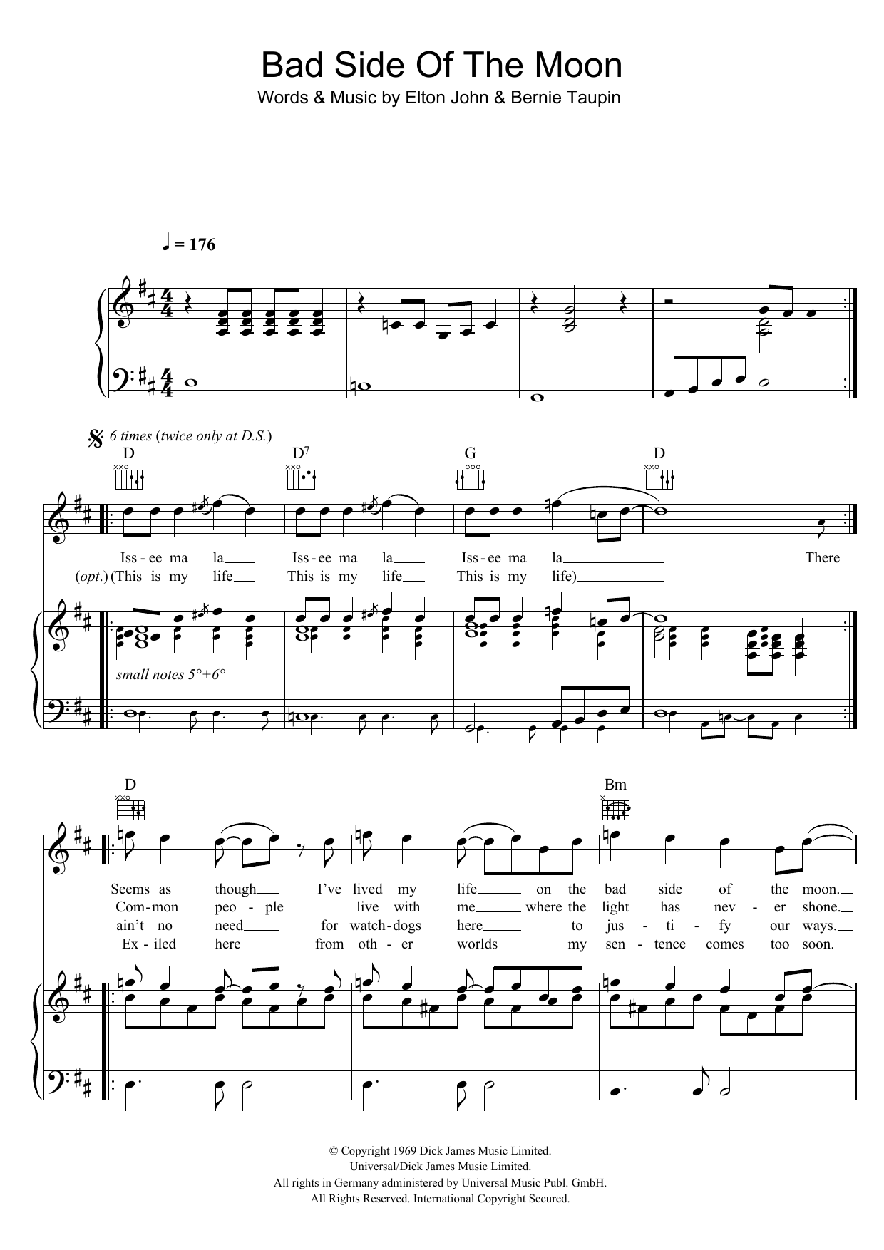 Elton John Bad Side Of The Moon sheet music notes and chords arranged for Piano Chords/Lyrics