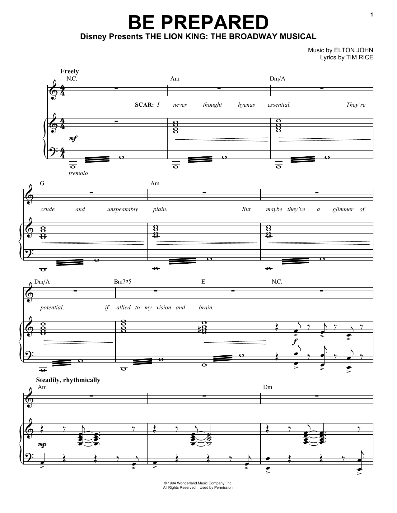Elton John Be Prepared (from The Lion King: Broadway Musical) sheet music notes and chords arranged for Easy Piano