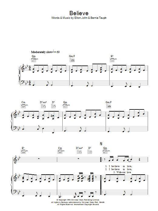 Elton John Believe sheet music notes and chords arranged for Guitar Chords/Lyrics