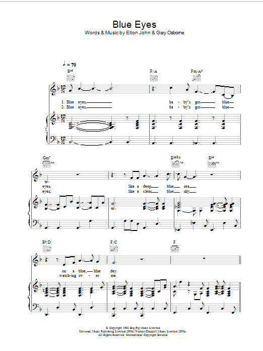 Elton John Blue Eyes sheet music notes and chords arranged for Piano, Vocal & Guitar Chords (Right-Hand Melody)