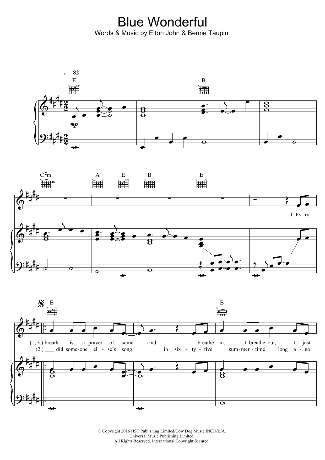 Elton John Blue Wonderful sheet music notes and chords arranged for Piano, Vocal & Guitar Chords