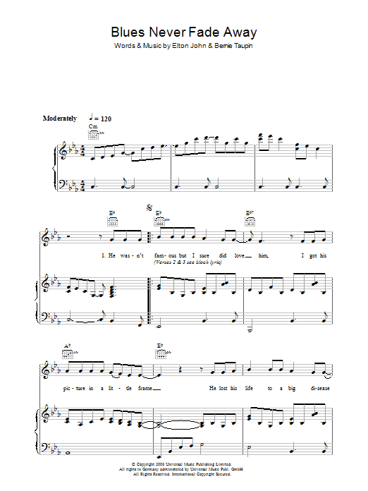 Elton John Blues Never Fade Away sheet music notes and chords arranged for Keyboard Transcription
