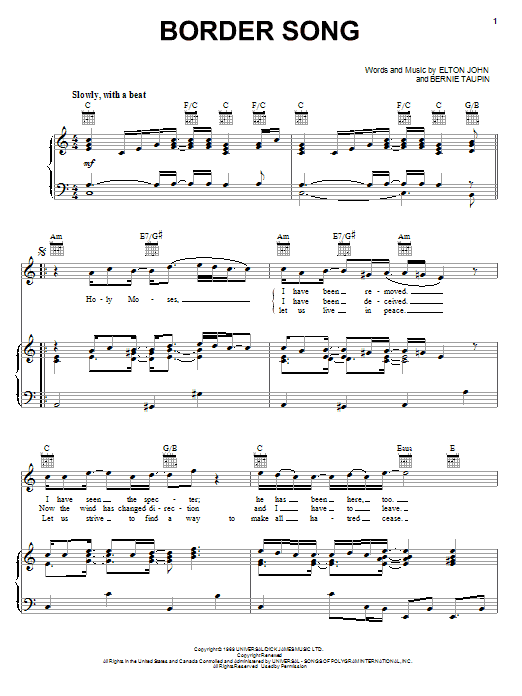 Elton John Border Song sheet music notes and chords arranged for Piano Chords/Lyrics