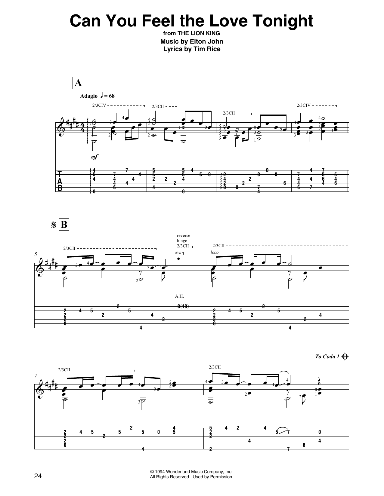 Elton John Can You Feel The Love Tonight (from Lion King) (arr. David Jaggs) sheet music notes and chords arranged for Solo Guitar