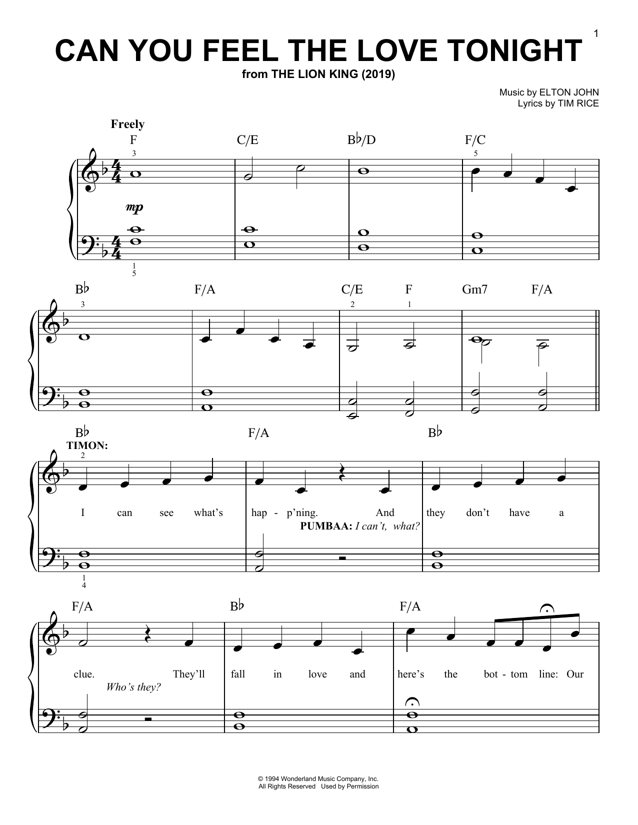 Elton John Can You Feel The Love Tonight (from The Lion King 2019) sheet music notes and chords arranged for Piano, Vocal & Guitar Chords (Right-Hand Melody)