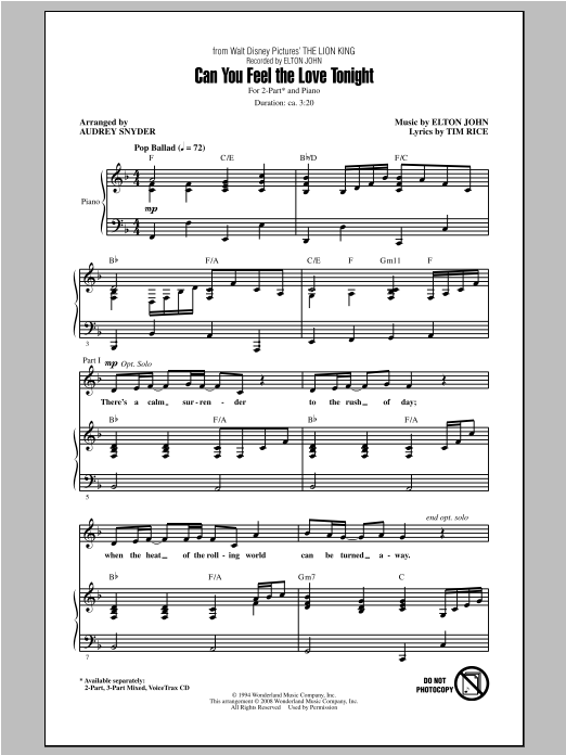 Elton John Can You Feel The Love Tonight (from The Lion King) (arr. Audrey Snyder) sheet music notes and chords arranged for 2-Part Choir