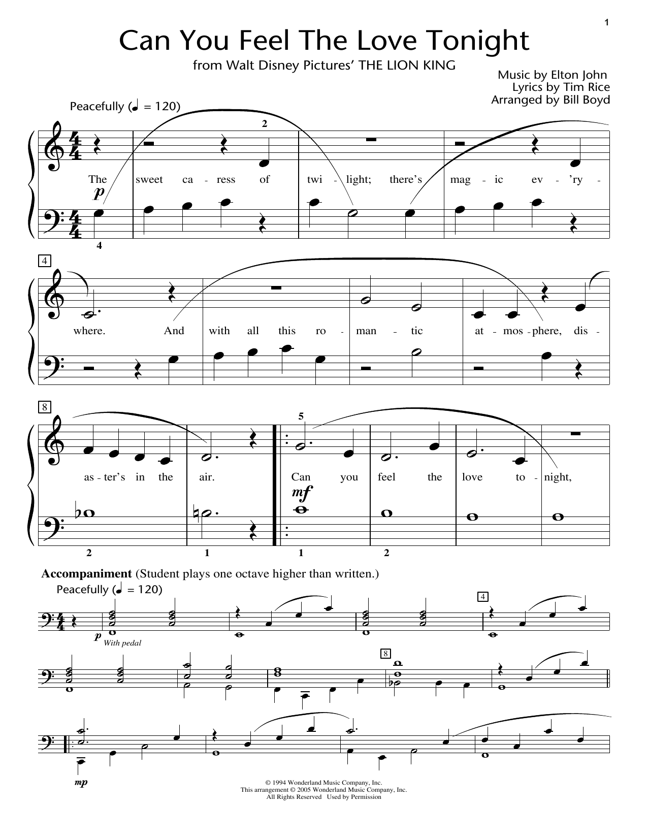 Elton John Can You Feel The Love Tonight (from The Lion King) (arr. Bill Boyd) sheet music notes and chords arranged for Educational Piano