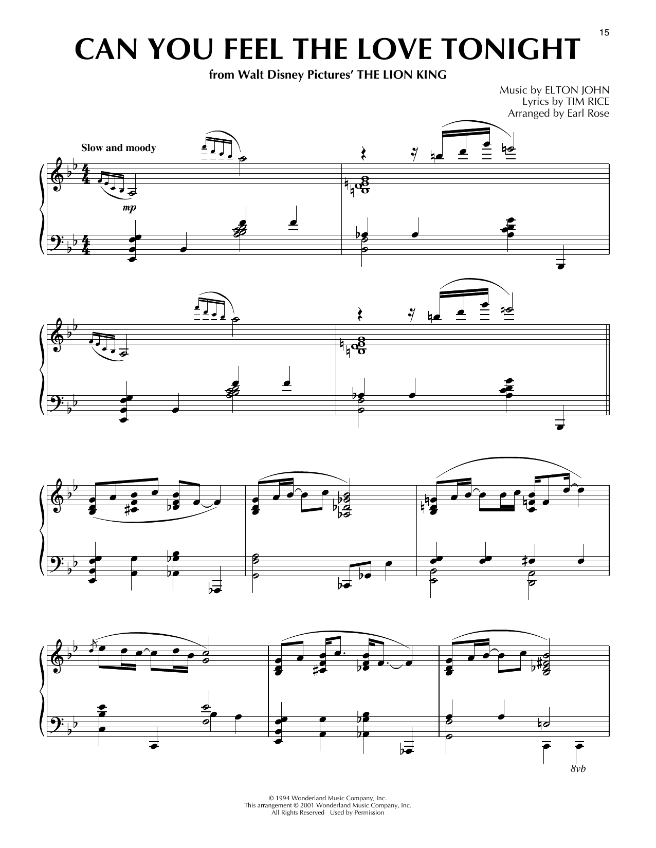 Elton John Can You Feel The Love Tonight (from The Lion King) (arr. Earl Rose) sheet music notes and chords arranged for Piano Solo