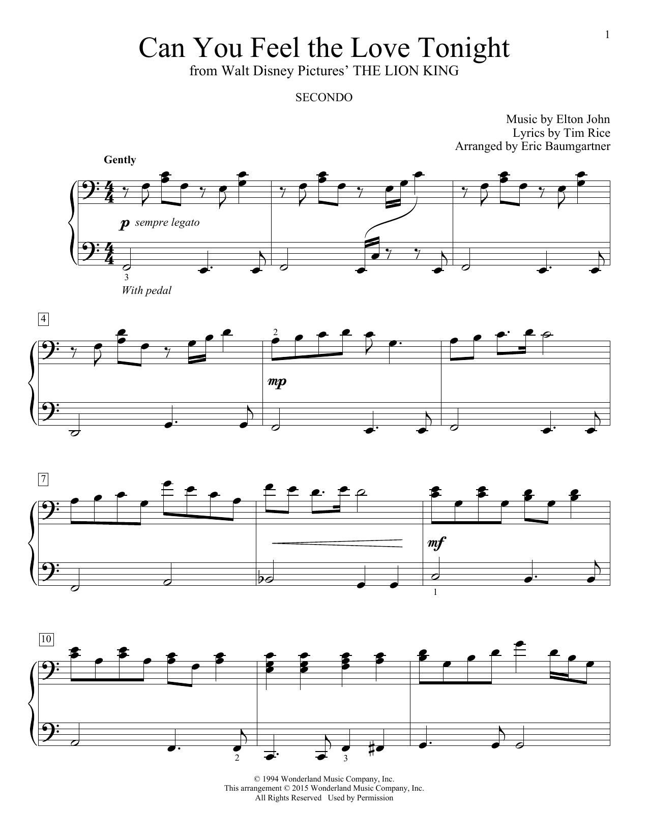 Elton John Can You Feel The Love Tonight (from The Lion King) (arr. Eric Baumgartner) sheet music notes and chords arranged for Piano Duet