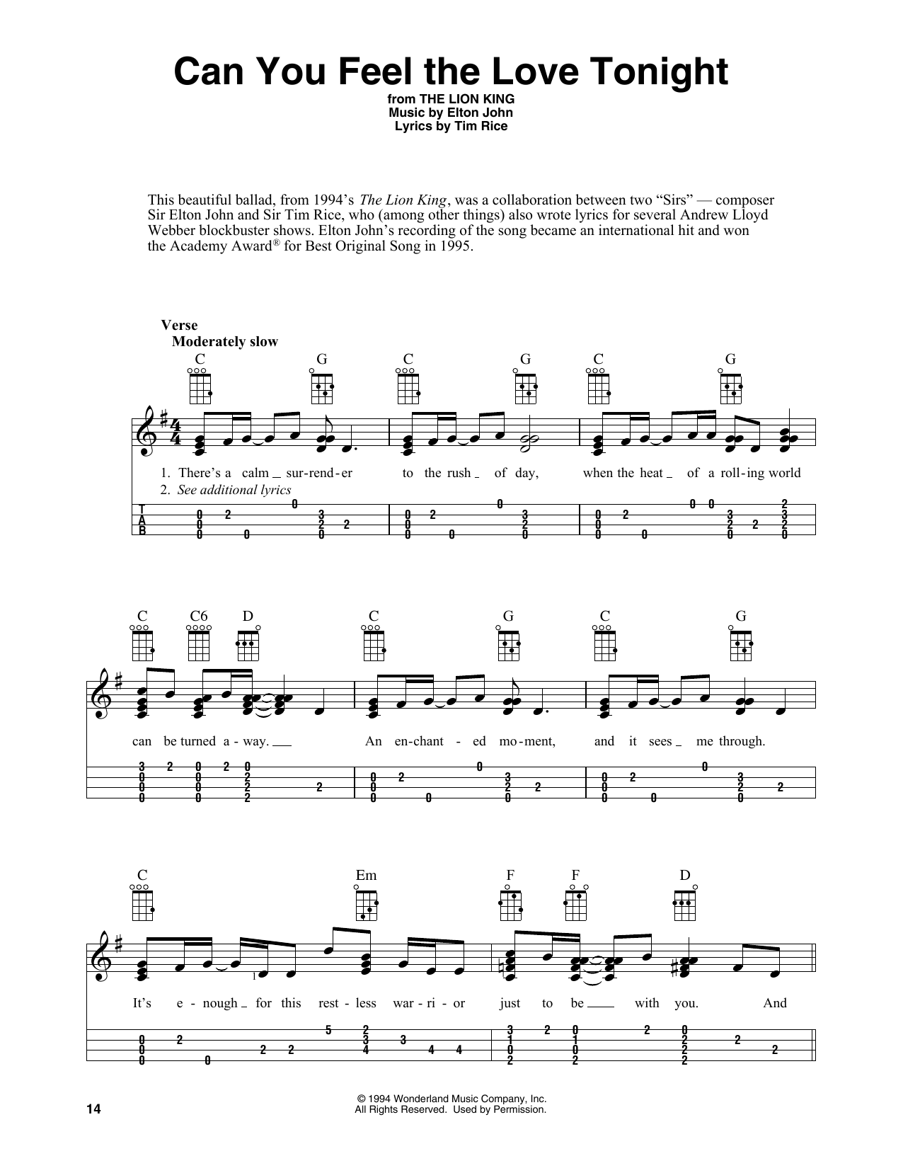 Elton John Can You Feel The Love Tonight (from The Lion King) (arr. Fred Sokolow) sheet music notes and chords arranged for Easy Ukulele Tab
