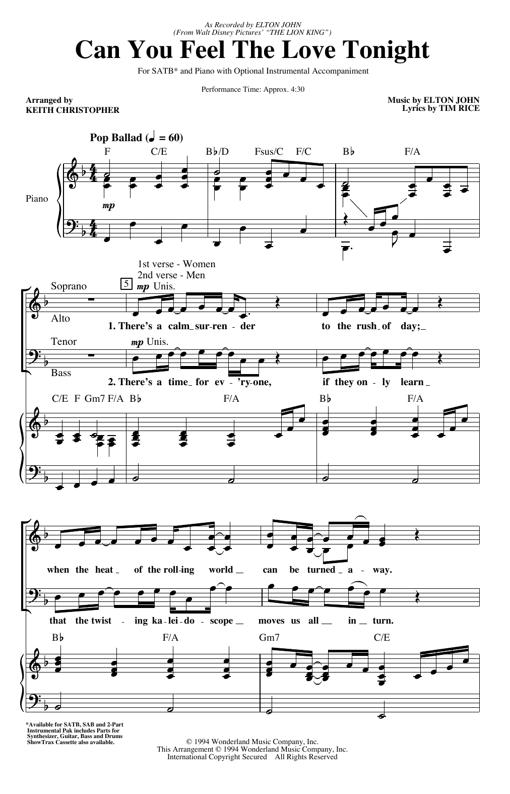 Elton John Can You Feel The Love Tonight (from The Lion King) (arr. Keith Christopher) sheet music notes and chords arranged for SAB Choir