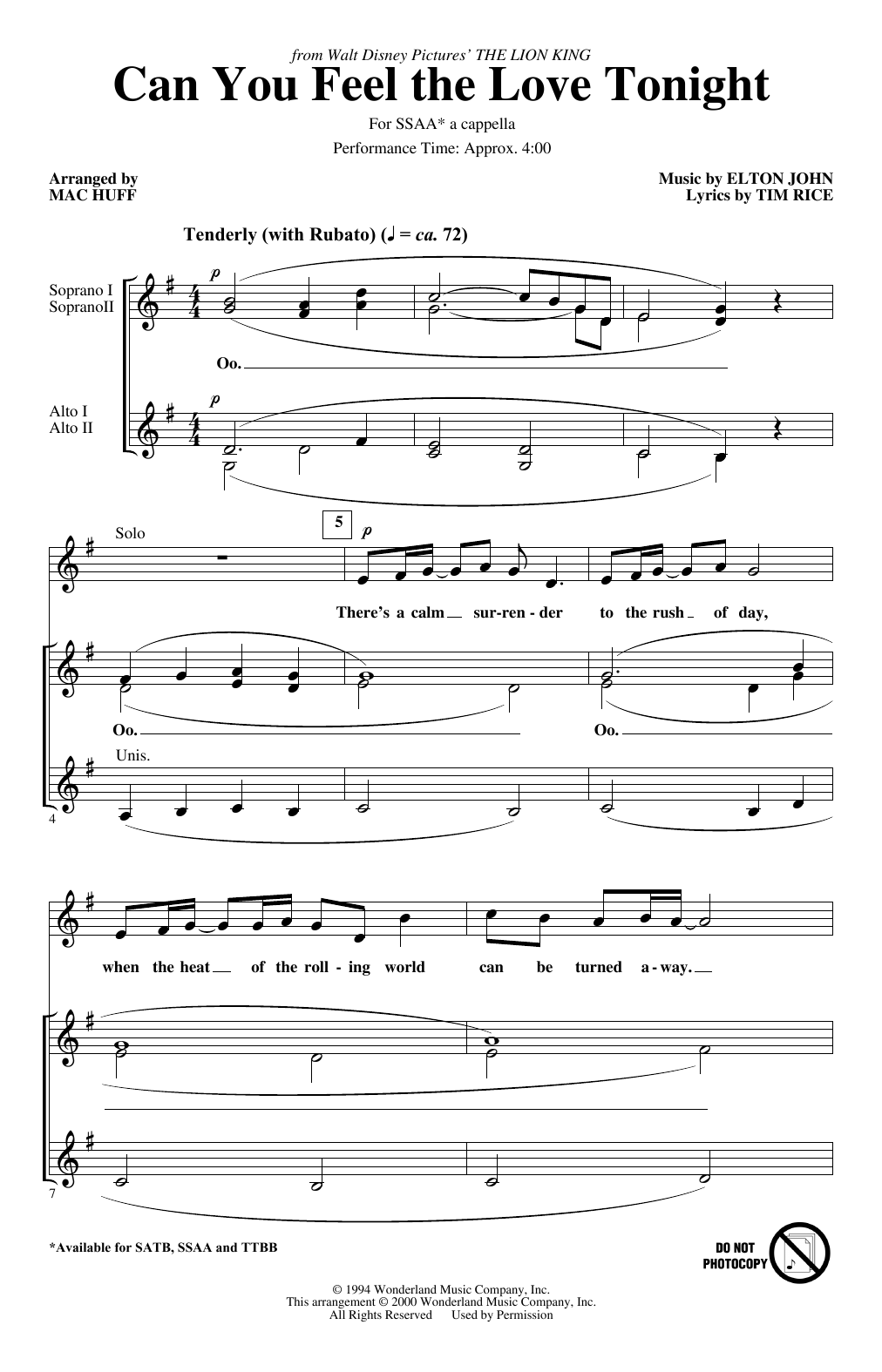 Elton John Can You Feel the Love Tonight (from The Lion King) (arr. Mac Huff) sheet music notes and chords arranged for SSA Choir