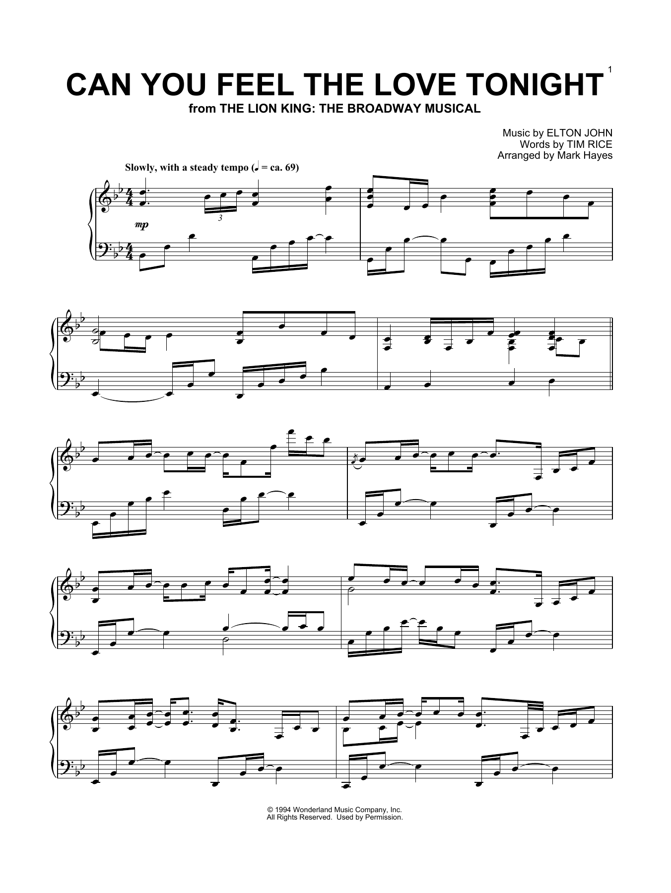 Elton John Can You Feel The Love Tonight (from The Lion King) (arr. Mark Hayes) sheet music notes and chords arranged for Piano Solo