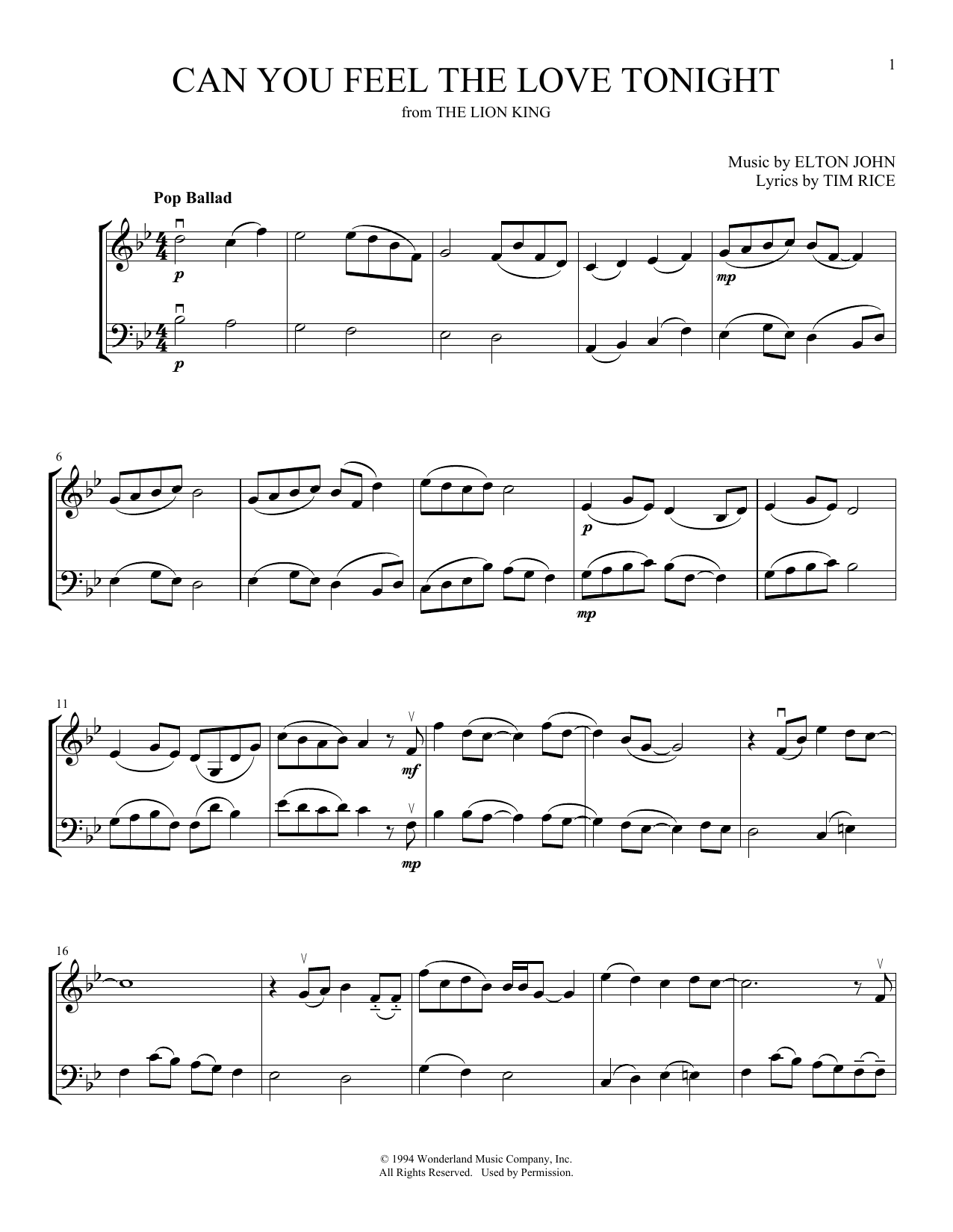 Elton John Can You Feel The Love Tonight (from The Lion King) (arr. Michelle Hynson) sheet music notes and chords arranged for Instrumental Duet