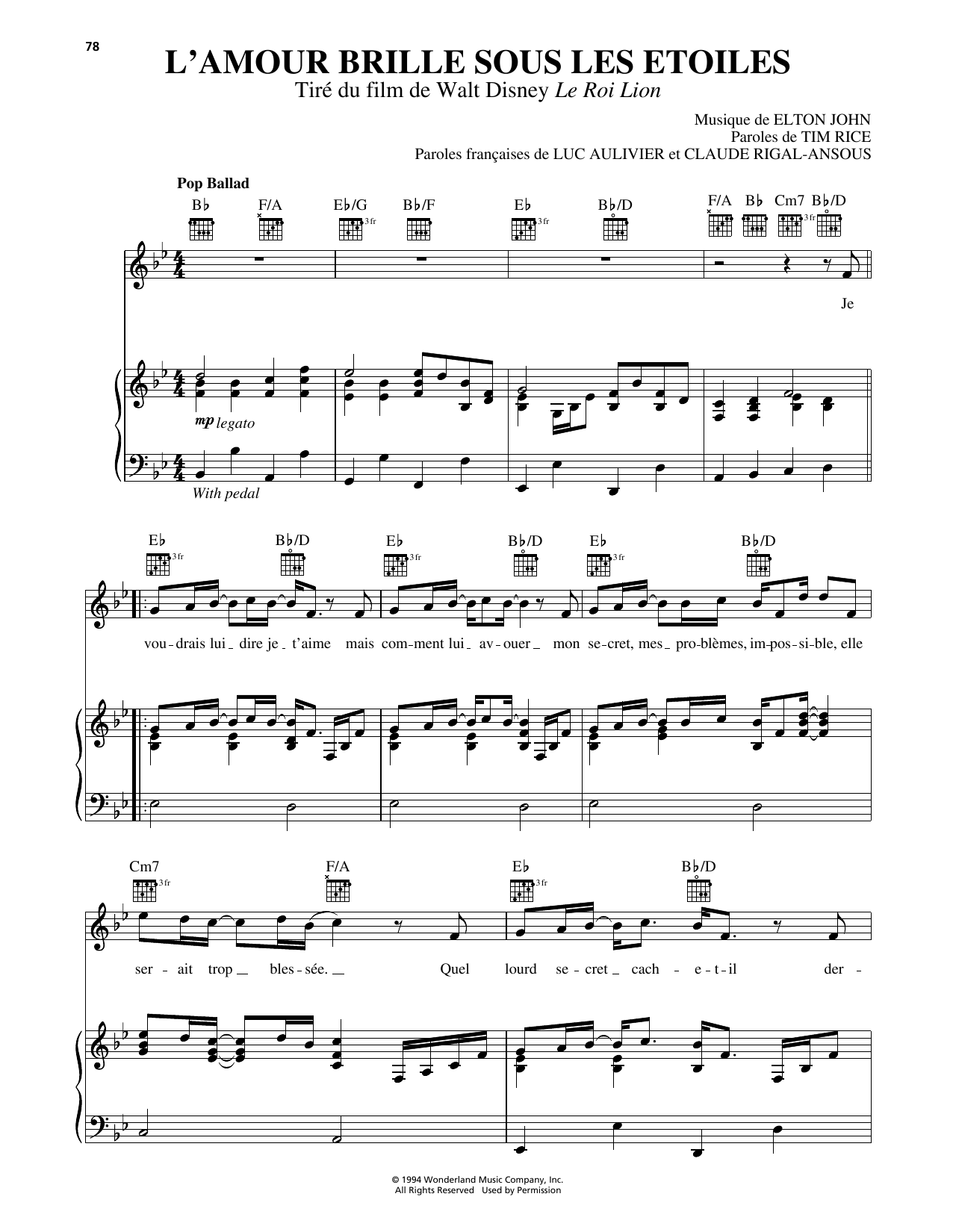 Elton John Can You Feel The Love Tonight (from The Lion King) [French version] sheet music notes and chords arranged for Piano, Vocal & Guitar Chords (Right-Hand Melody)