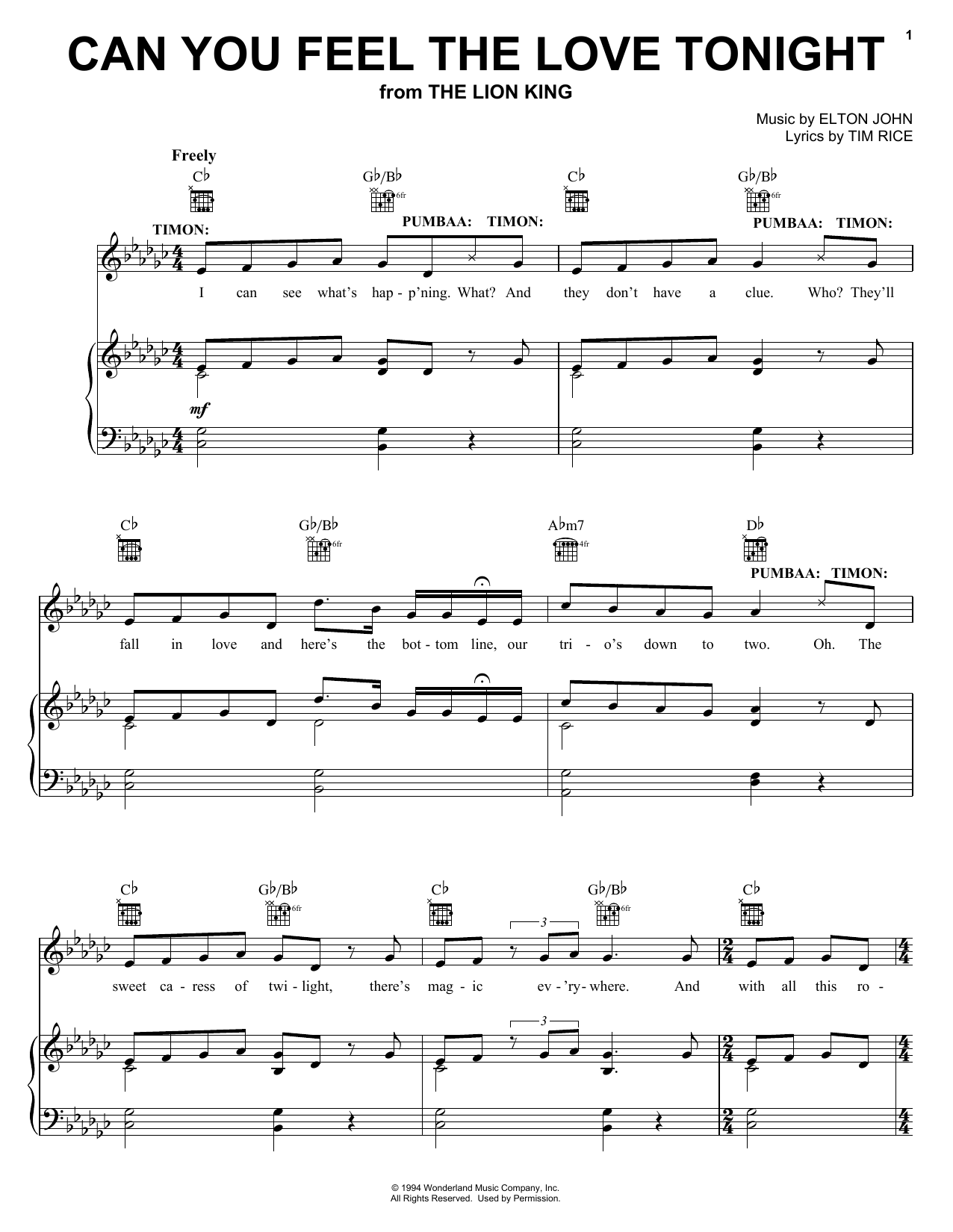 Elton John Can You Feel The Love Tonight (from The Lion King: Broadway Musical) sheet music notes and chords arranged for Piano, Vocal & Guitar Chords (Right-Hand Melody)