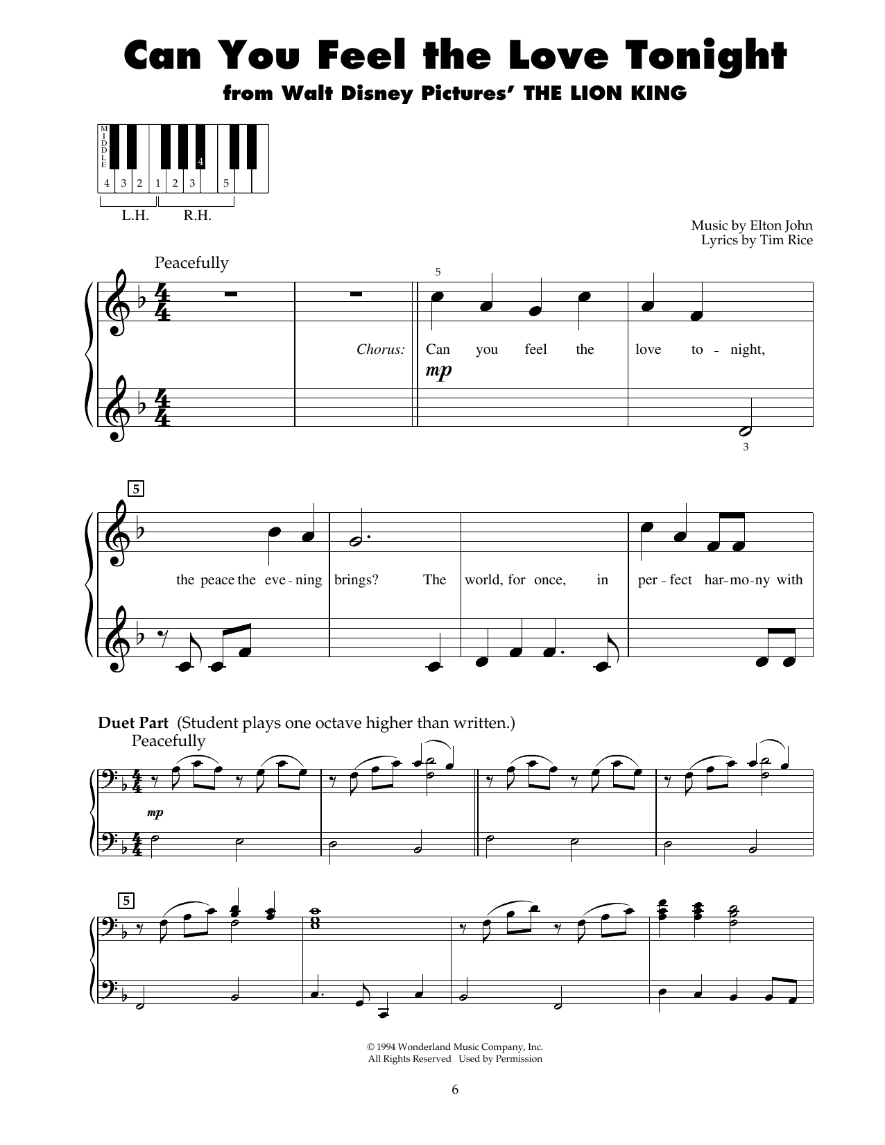 Elton John Can You Feel The Love Tonight sheet music notes and chords arranged for 5-Finger Piano