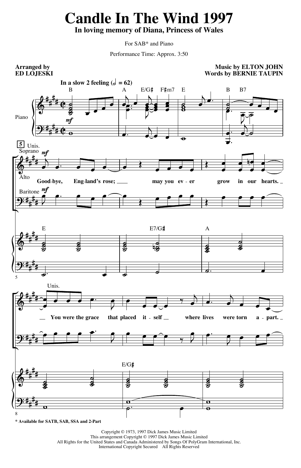 Elton John Candle In The Wind (arr. Ed Lojeski) sheet music notes and chords arranged for SATB Choir
