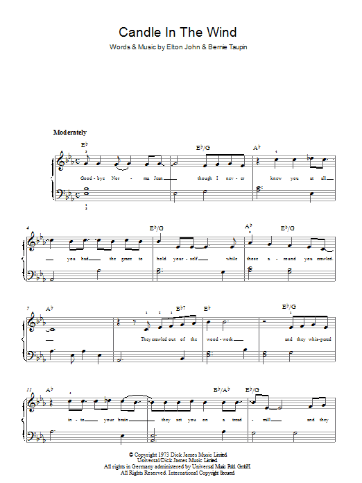 Elton John Candle In The Wind sheet music notes and chords arranged for Piano Chords/Lyrics