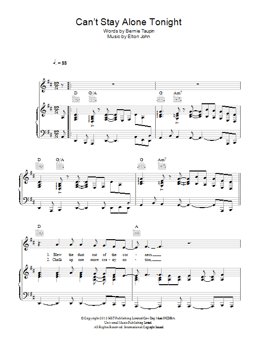 Elton John Can't Stay Alone Tonight sheet music notes and chords arranged for Piano, Vocal & Guitar Chords