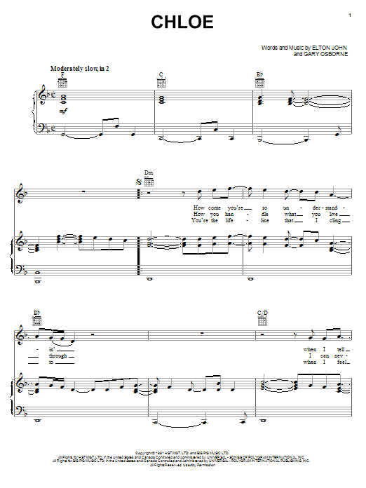 Elton John Chloe sheet music notes and chords arranged for Lead Sheet / Fake Book