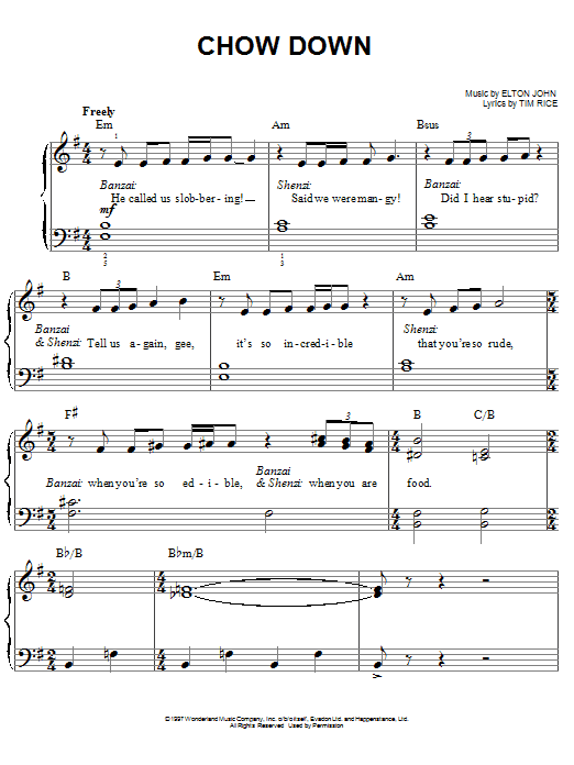 Elton John Chow Down (from The Lion King: Broadway Musical) sheet music notes and chords arranged for Piano, Vocal & Guitar Chords (Right-Hand Melody)