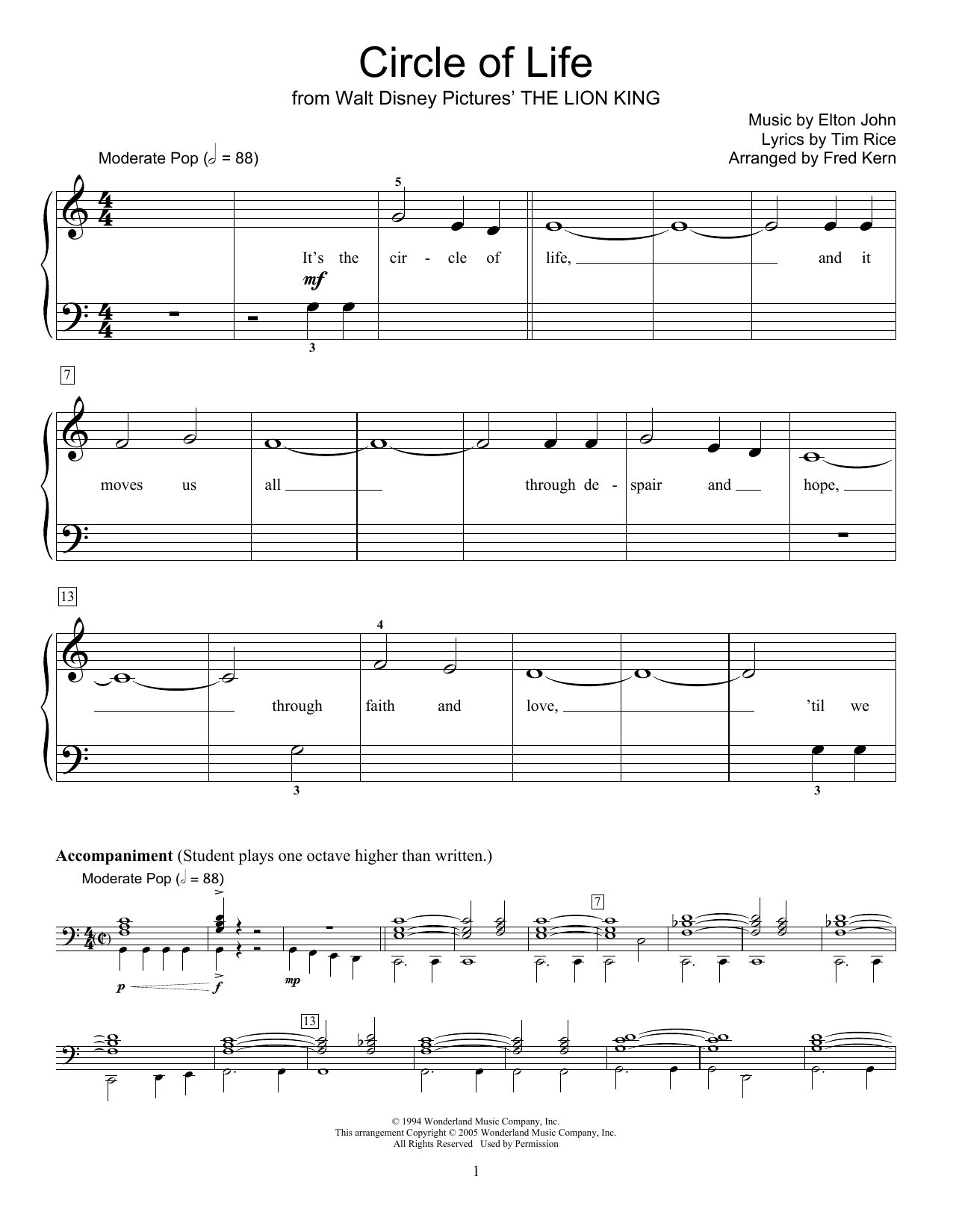Elton John Circle Of Life (from The Lion King) (arr. Fred Kern) sheet music notes and chords arranged for Educational Piano