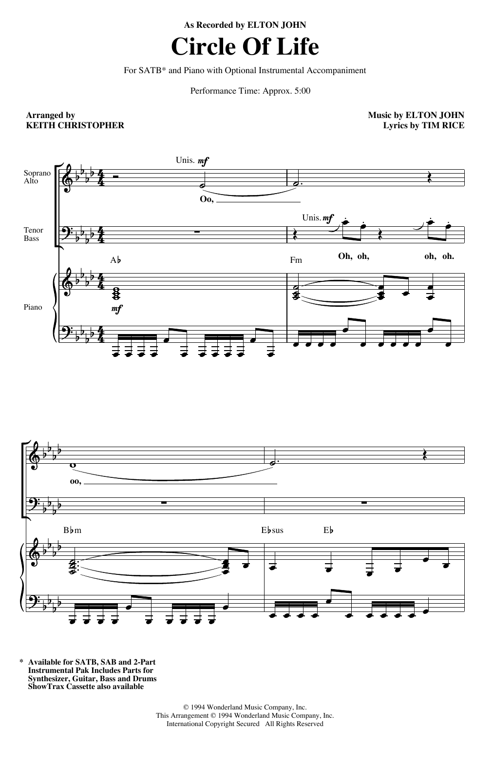 Elton John Circle Of Life (from The Lion King) (arr. Keith Christopher) sheet music notes and chords arranged for SATB Choir