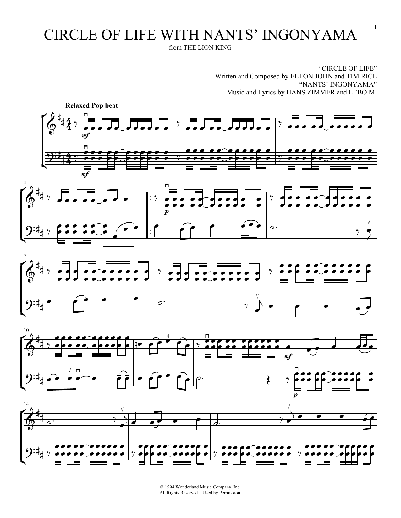 Elton John Circle Of Life (from The Lion King) (arr. Michelle Hynson) sheet music notes and chords arranged for Instrumental Duet