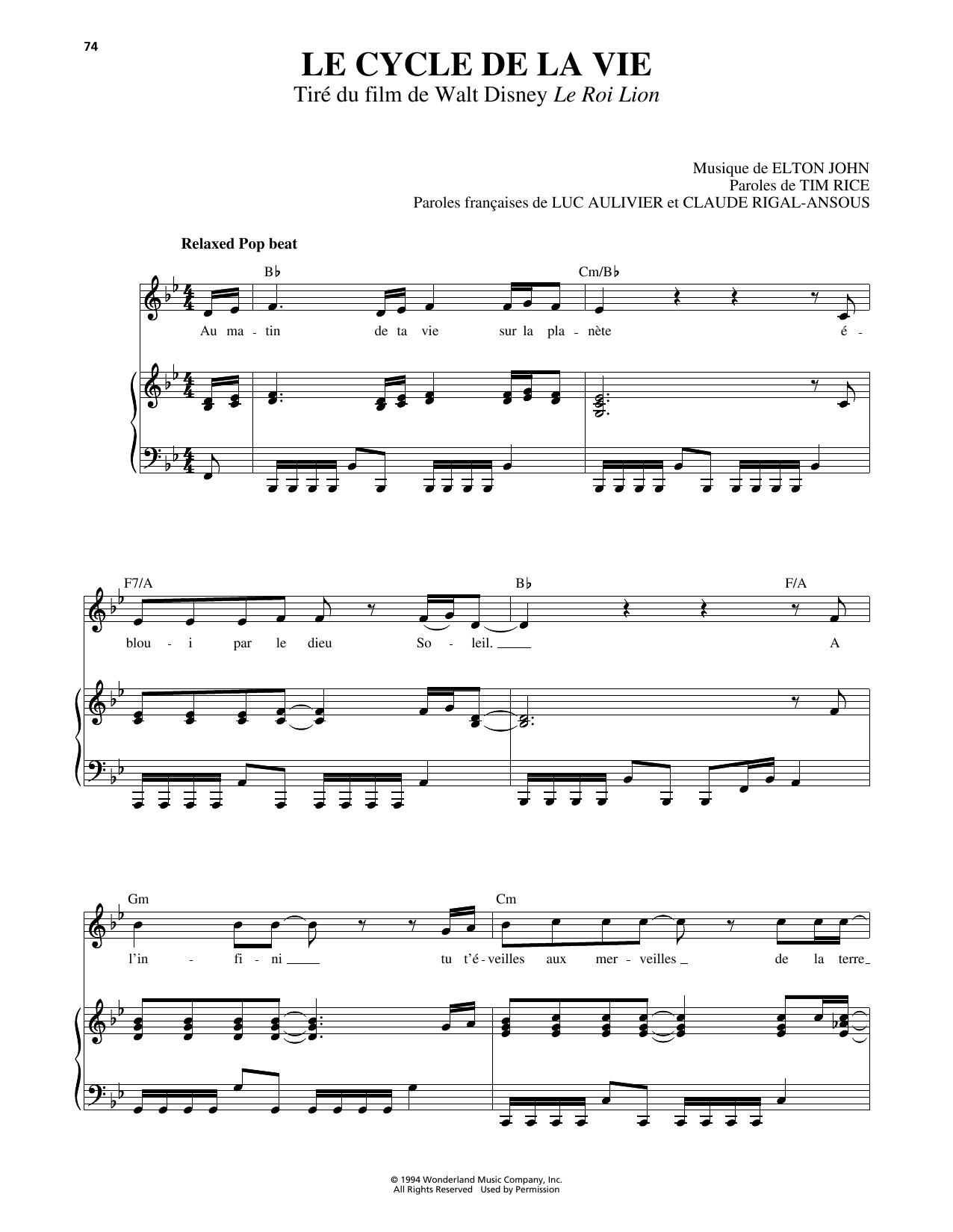 Elton John Circle Of Life (from The Lion King) [French version] sheet music notes and chords arranged for Piano, Vocal & Guitar Chords (Right-Hand Melody)