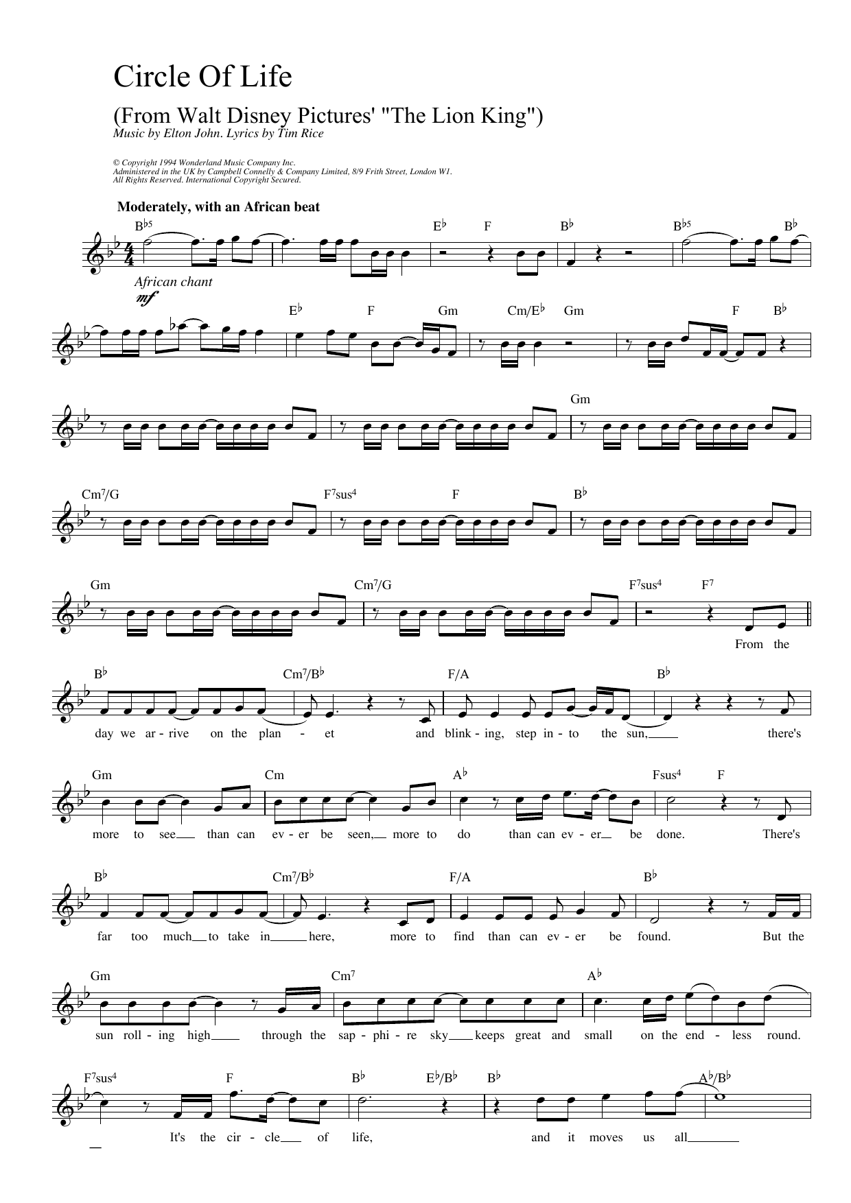 Elton John Circle Of Life (from The Lion King) sheet music notes and chords arranged for Alto Sax Solo