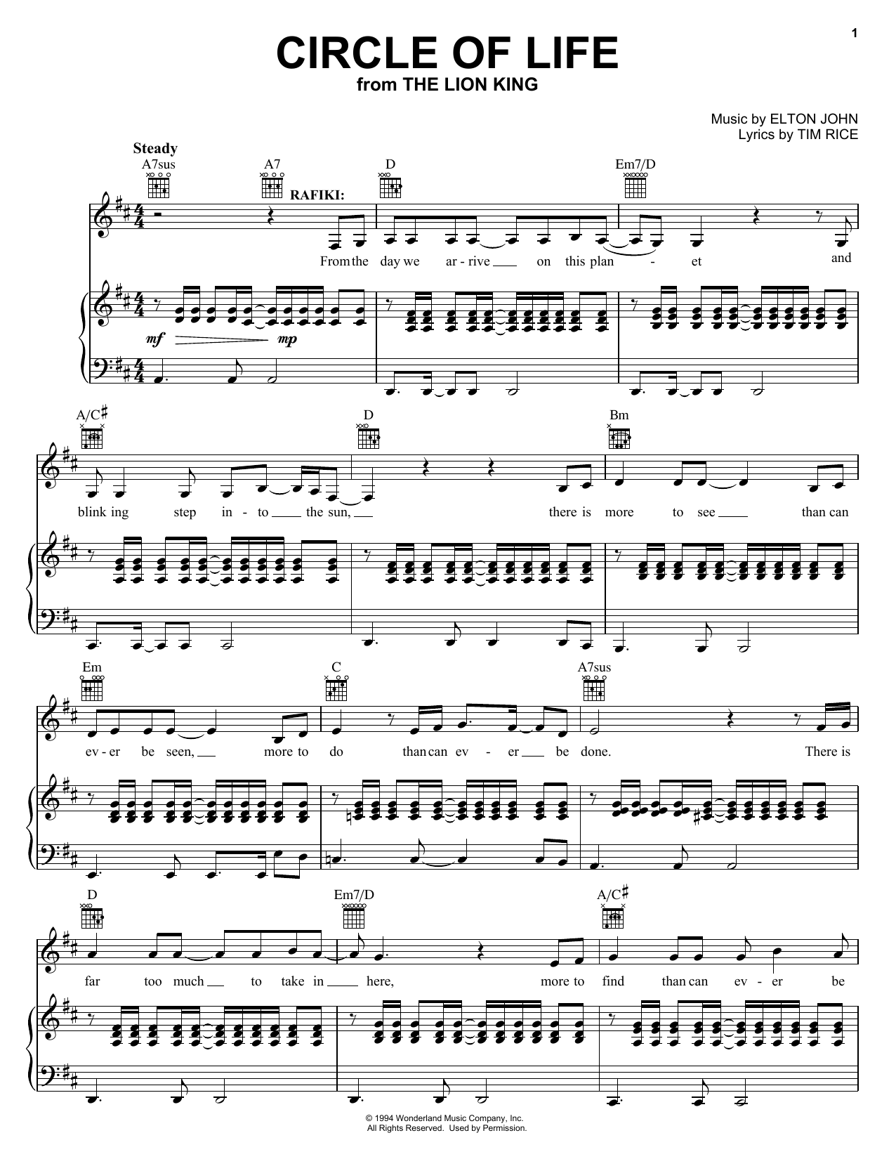 Elton John Circle Of Life (from The Lion King: Broadway Musical) sheet music notes and chords arranged for Easy Piano