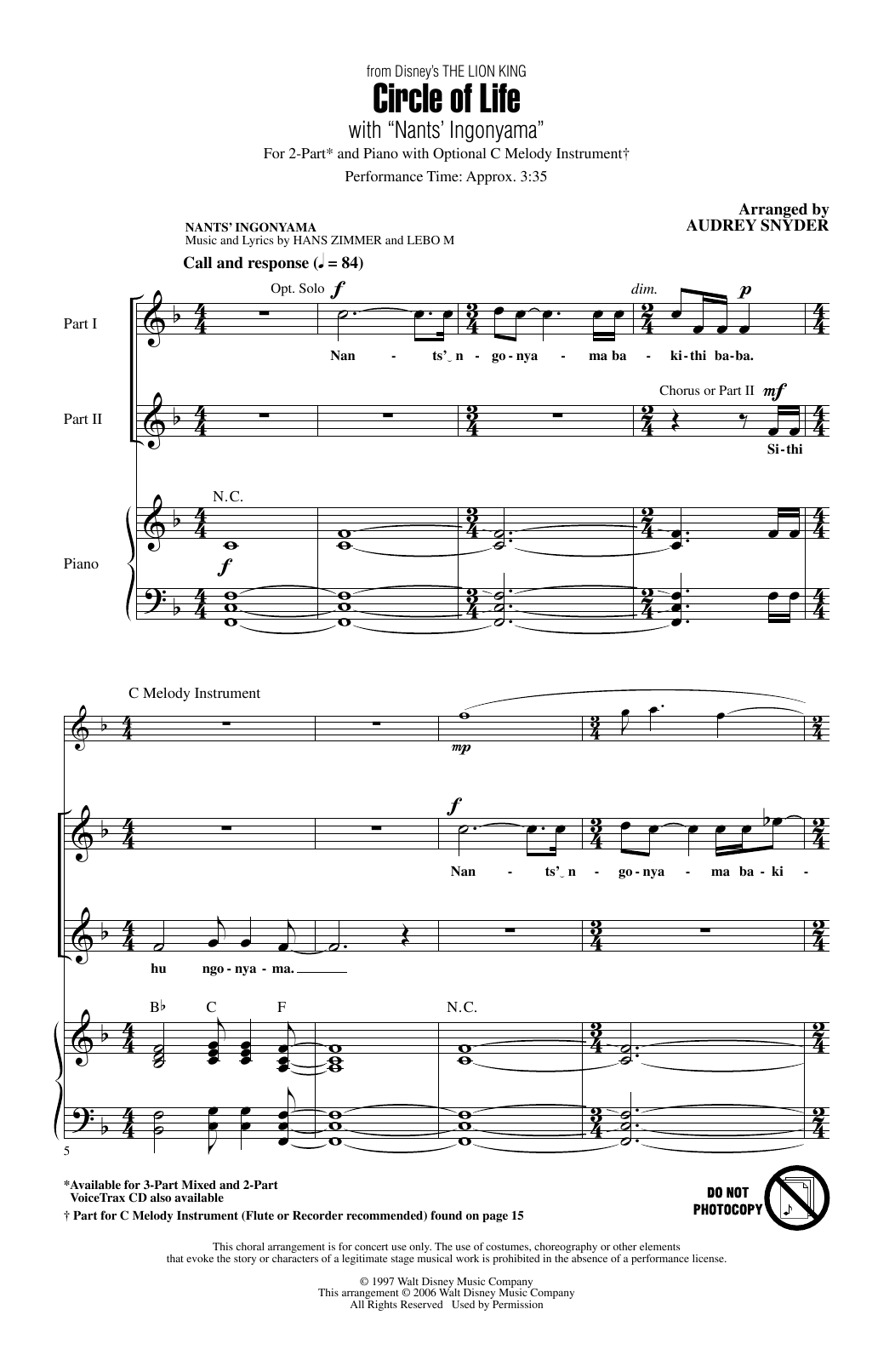 Elton John Circle Of Life (with Nants' Ingonyama) (from The Lion King) (Arr. Audrey Snyder) sheet music notes and chords arranged for 2-Part Choir