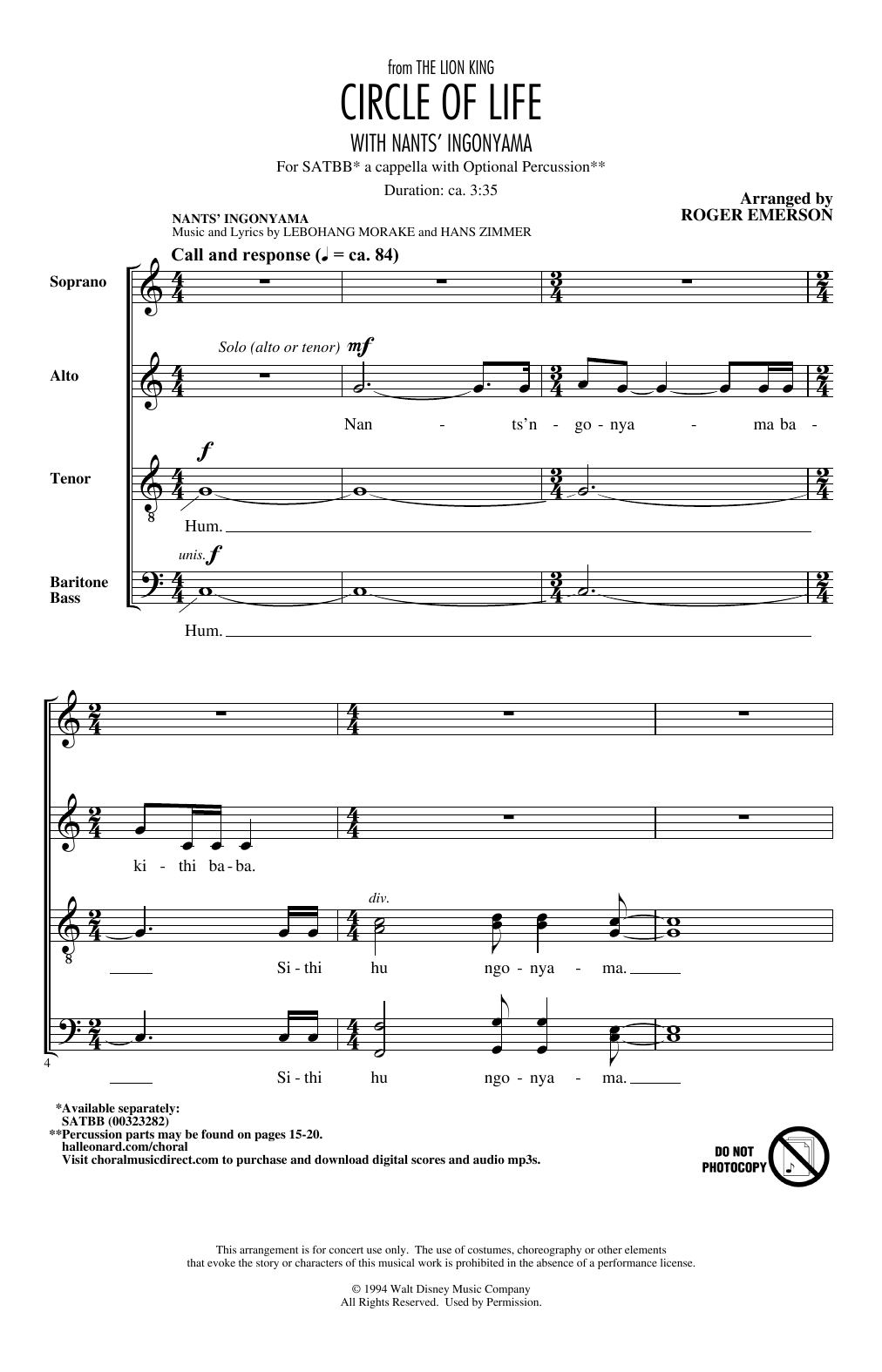 Elton John Circle Of Life (with Nants' Ingonyama) (from The Lion King) (arr. Roger Emerson) sheet music notes and chords arranged for SATB Choir