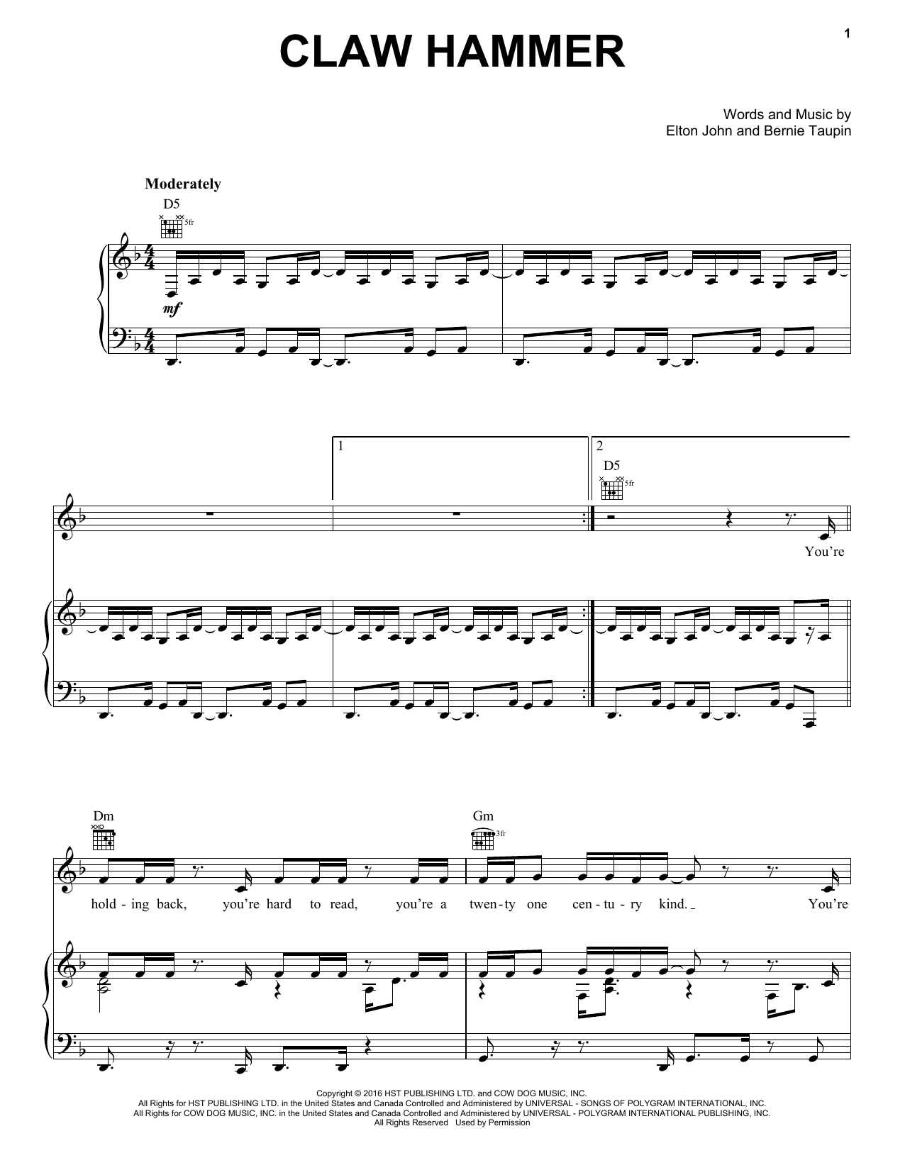 Elton John Claw Hammer sheet music notes and chords arranged for Piano, Vocal & Guitar Chords (Right-Hand Melody)