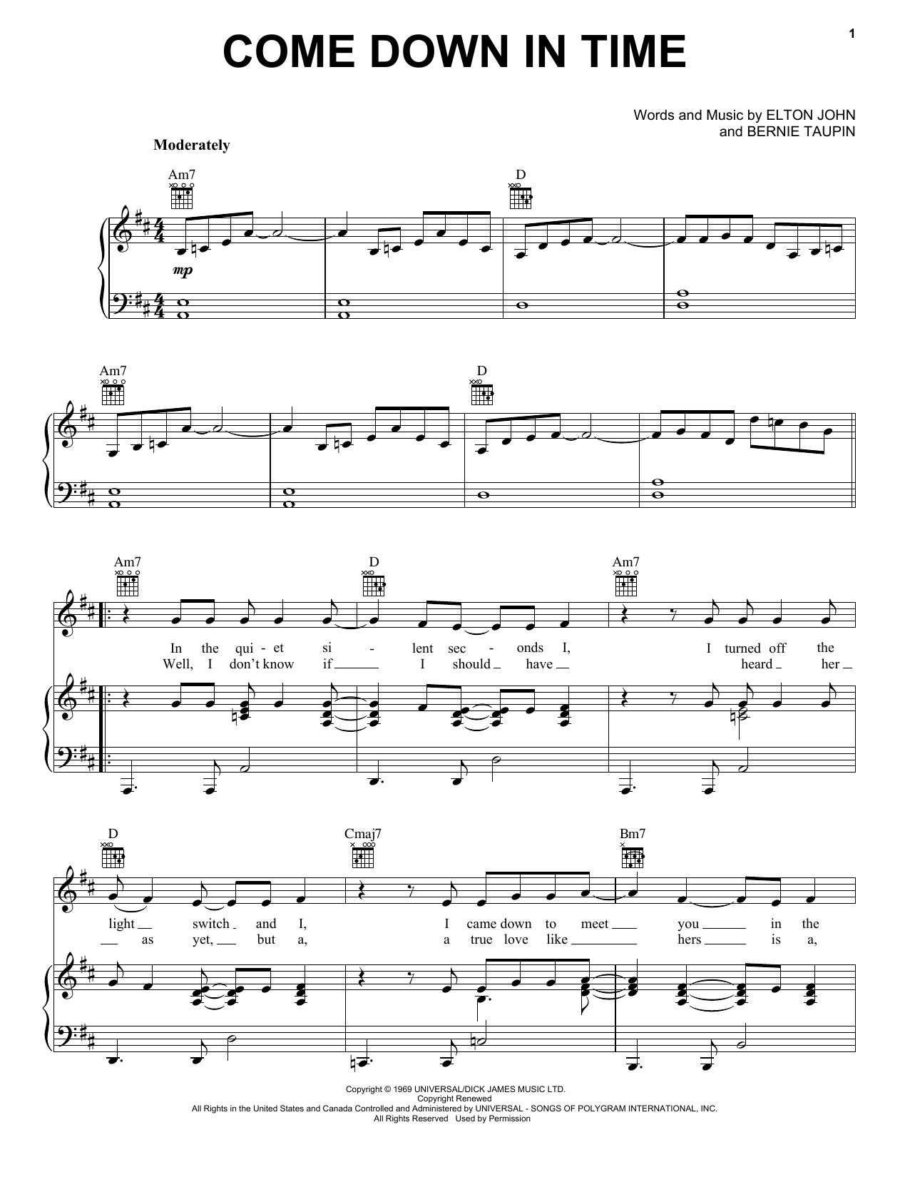 Elton John Come Down In Time sheet music notes and chords arranged for Piano, Vocal & Guitar Chords (Right-Hand Melody)
