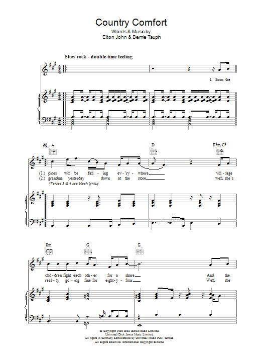 Elton John Country Comfort sheet music notes and chords arranged for Piano Chords/Lyrics